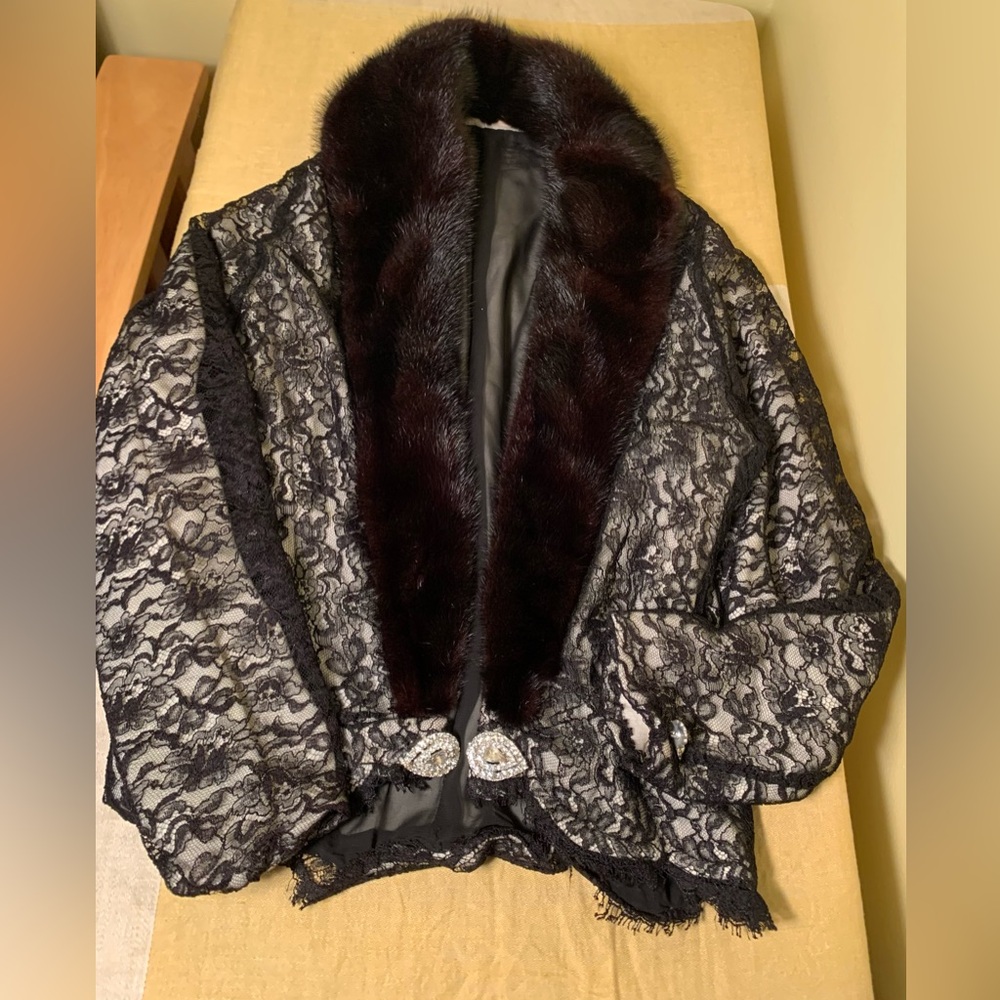 VTG Hollywood Black Lace FUR Mink RARE EveningSweater Silk Lined Jaybee Origina